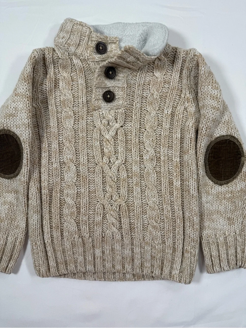 LITTLE LAD Boys Cable Knit Sweater Size 24M Oatmeal Sherpa Elbow Patch Grandpa